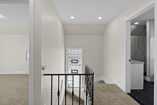 5027 Audubon Rd, Detroit, MI 48224 - hall with an upstairs landing, carpet, recessed lighting, and baseboards
