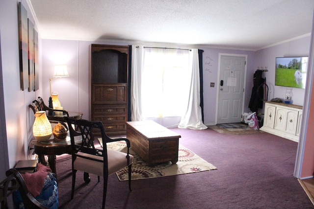 392 Hunters Rill, Oxford, MI 48371 - living room with carpet, a textured ceiling, and ornamental molding
