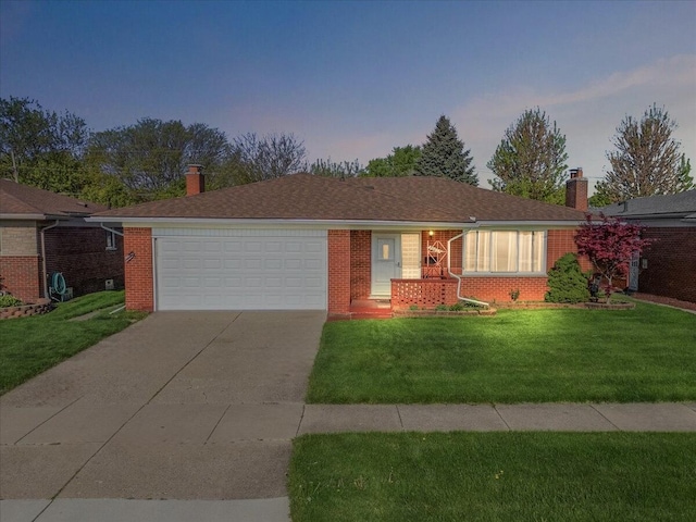30657 Moulin Ave, Warren, MI 48088 - ranch-style house featuring a chimney, driveway, an attached garage, and brick siding