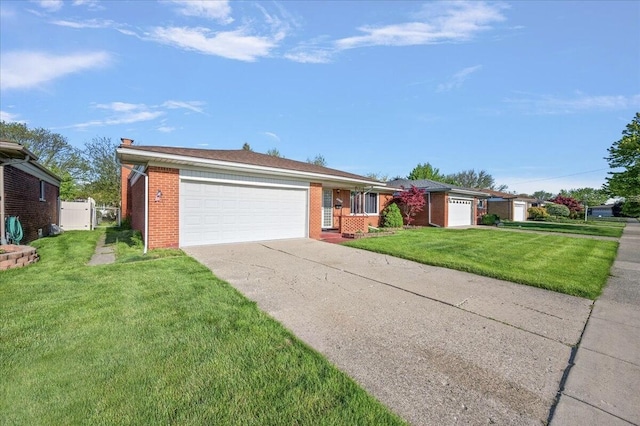 30657 Moulin Ave, Warren, MI 48088 - ranch-style house featuring a garage, driveway, brick siding, and a front yard