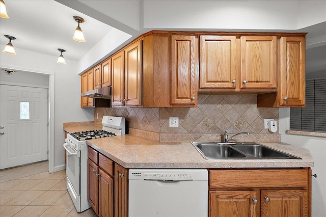 30657 Moulin Ave, Warren, MI 48088 - kitchen featuring white appliances, a sink, decorative backsplash, and under cabinet range hood