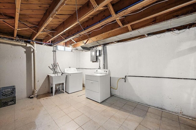 30657 Moulin Ave, Warren, MI 48088 - unfinished below grade area featuring washing machine and clothes dryer, electric panel, and a sink