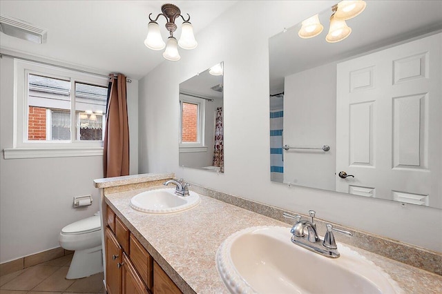 30657 Moulin Ave, Warren, MI 48088 - bathroom with toilet, tile patterned flooring, double vanity, and a chandelier