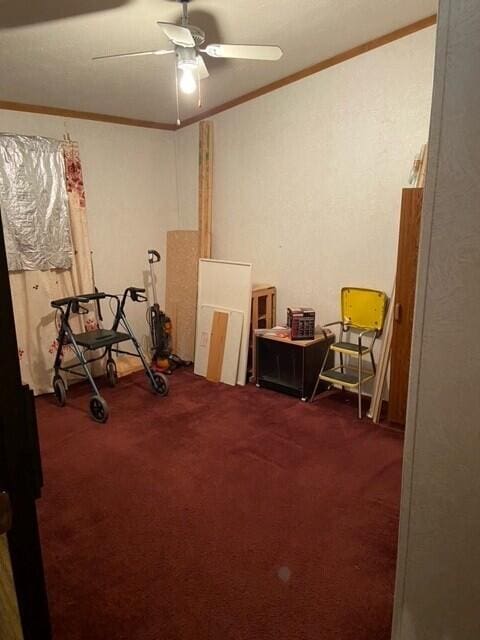 miscellaneous room featuring crown molding, carpet floors, and a ceiling fan