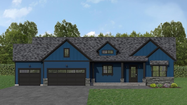 6135 Molli Dr, Allendale, MI 49401 - craftsman house featuring stone siding, asphalt driveway, a garage, a front yard, and board and batten siding