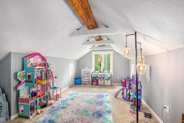 557 W James St, Lawrence, MI 49064 - game room with a textured ceiling, carpet floors, and baseboards