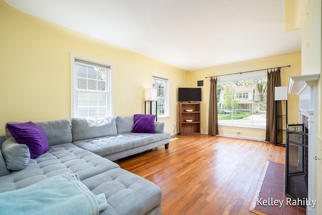 living area featuring wood-type flooring, a fireplace, and baseboards