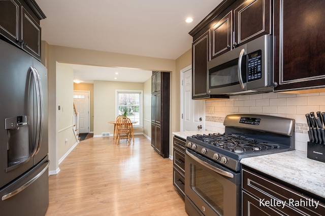 kitchen featuring appliances with stainless steel finishes, light countertops, decorative backsplash, light wood-style flooring, and baseboards