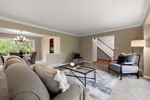 50951 Murray Hill Dr, Canton, MI 48187 - living room with a chandelier, carpet flooring, stairs, ornamental molding, and baseboards