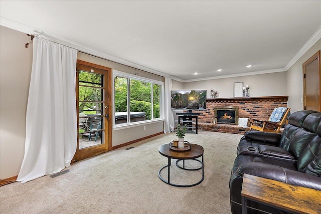 50951 Murray Hill Dr, Canton, MI 48187 - living area with carpet floors, ornamental molding, baseboards, recessed lighting, and a fireplace