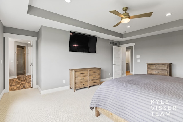 11650 Lally St NE, Lowell, MI 49331 - bedroom featuring recessed lighting, baseboards, light carpet, ceiling fan, and a raised ceiling