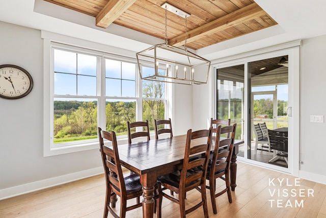 11650 Lally St NE, Lowell, MI 49331 - dining space with wooden ceiling, baseboards, light wood-style flooring, beam ceiling, and a chandelier