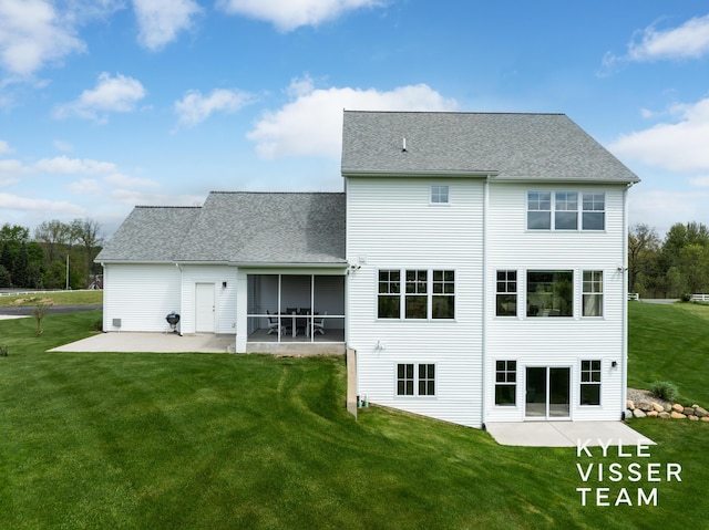 11650 Lally St NE, Lowell, MI 49331 - rear view of house with a patio area, a yard, a sunroom, and roof with shingles