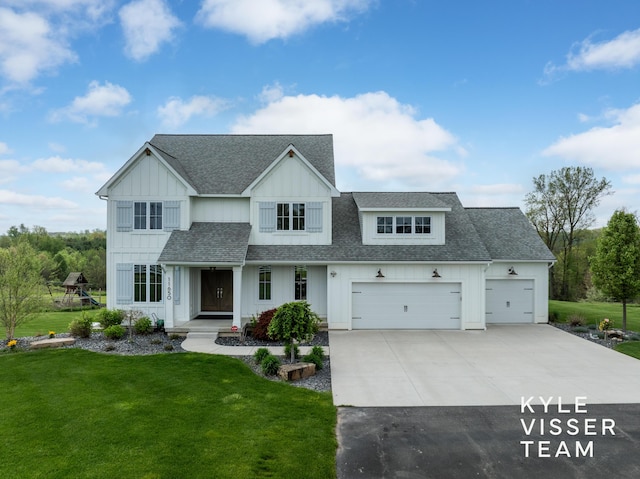 11650 Lally St NE, Lowell, MI 49331 - modern farmhouse featuring a shingled roof, driveway, a front yard, an attached garage, and a porch