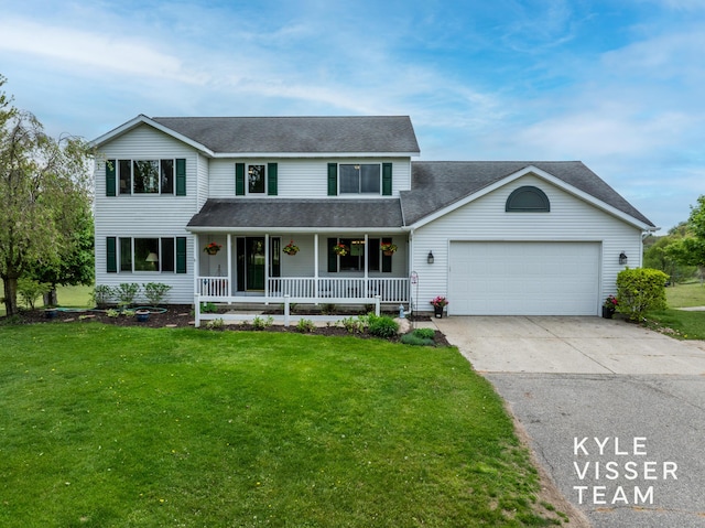 10585 Tefft Ave NE, Rockford, MI 49341 - view of front facade with covered porch, an attached garage, a front lawn, and concrete driveway