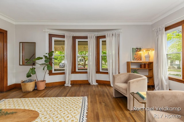 sitting room with hardwood / wood-style floors, baseboards, and crown molding