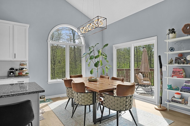 12700 Mcpherson St NE, Lowell, MI 49331 - dining room featuring light wood-type flooring, high vaulted ceiling, and baseboards