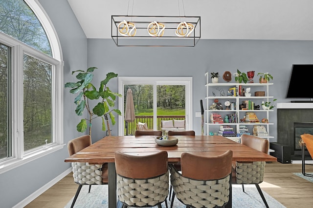 12700 Mcpherson St NE, Lowell, MI 49331 - dining space featuring plenty of natural light, light wood finished floors, a chandelier, and vaulted ceiling