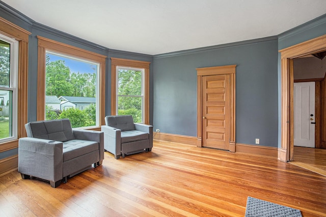 living area featuring light wood-type flooring, ornamental molding, plenty of natural light, and baseboards