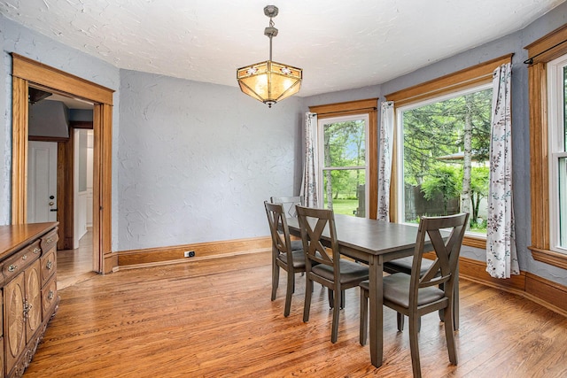 dining area with baseboards, light wood-style flooring, healthy amount of natural light, and a textured wall