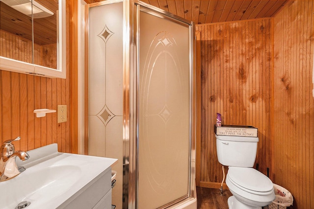 3957 Cleveland Dr W, Bitely, MI 49309 - full bath with wood walls, a stall shower, wooden ceiling, toilet, and vanity