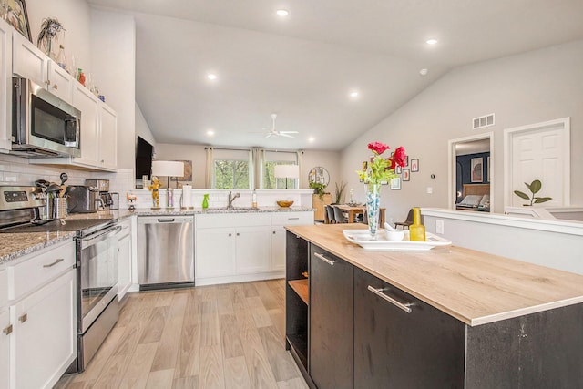 7762 Sierra Dr, Belding, MI 48809 - kitchen with appliances with stainless steel finishes, vaulted ceiling, a sink, white cabinets, and a ceiling fan