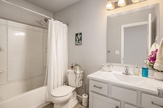 7762 Sierra Dr, Belding, MI 48809 - bathroom with vanity, toilet, shower / bathtub combination with curtain, and baseboards