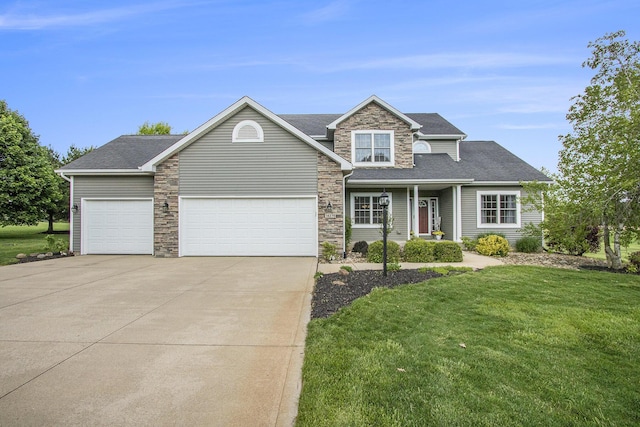 14275 Sunset Ridge Ct, Niles, MI 49120 - view of front of house featuring stone siding, driveway, a front yard, a garage, and a shingled roof