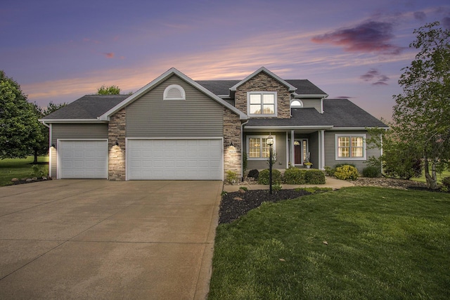 14275 Sunset Ridge Ct, Niles, MI 49120 - traditional home featuring stone siding, driveway, a yard, a garage, and a porch