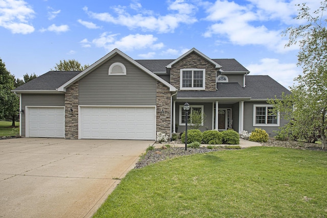 14275 Sunset Ridge Ct, Niles, MI 49120 - view of front of house featuring stone siding, driveway, a front yard, a garage, and roof with shingles