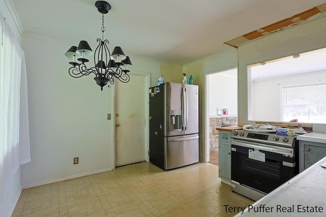 3904 Canterbury Ave, Kalamazoo, MI 49006 - kitchen featuring stainless steel appliances, ornamental molding, light countertops, a chandelier, and hanging light fixtures