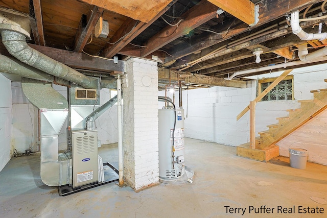 unfinished basement with gas water heater, heating unit, and stairs