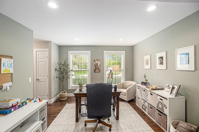 office space with dark wood finished floors, recessed lighting, and baseboards