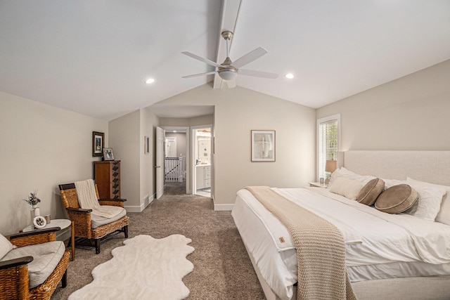 carpeted bedroom featuring baseboards, connected bathroom, recessed lighting, and a ceiling fan