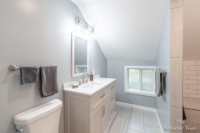 10436 Morgan Mills Ave NE, Greenville, MI 48838 - bathroom with lofted ceiling, toilet, and vanity