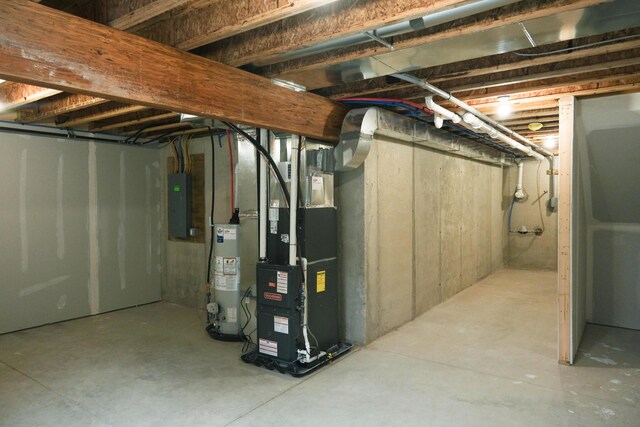 887 Rex St, Fremont, MI 49412 - unfinished basement with gas water heater, electric panel, and heating unit