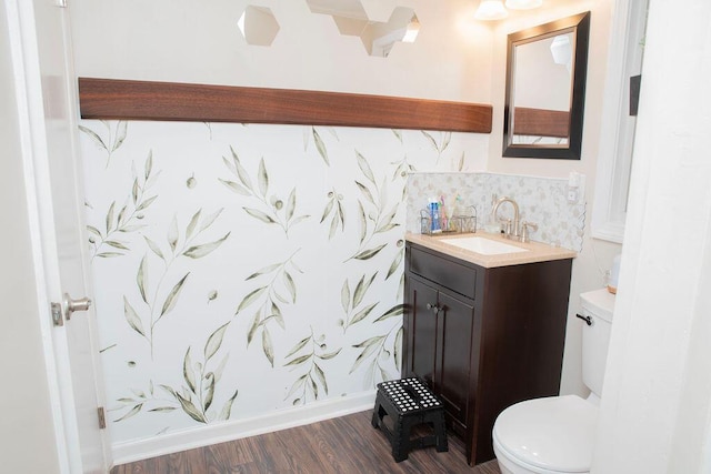 19610 Brentwood St, Livonia, MI 48152 - bathroom with toilet, vanity, wood finished floors, and decorative backsplash