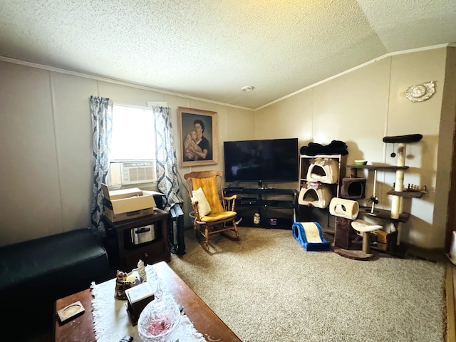 1950 S 13th St Lot 229, Niles, MI 49120 - carpeted living area featuring ornamental molding, cooling unit, vaulted ceiling, a textured ceiling, and a decorative wall