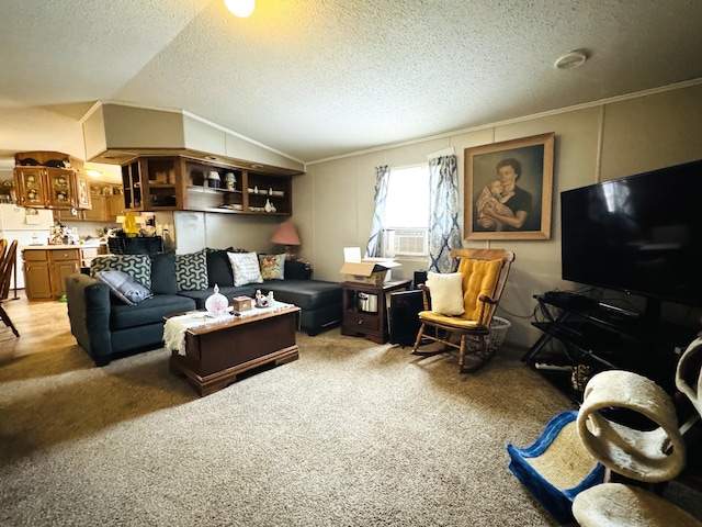 1950 S 13th St Lot 229, Niles, MI 49120 - living area with ornamental molding, light colored carpet, a textured ceiling, and lofted ceiling