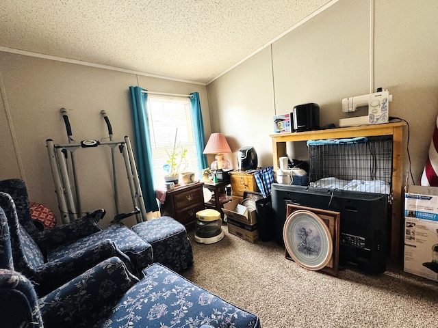 1950 S 13th St Lot 229, Niles, MI 49120 - bedroom with ornamental molding, a textured ceiling, carpet flooring, and vaulted ceiling