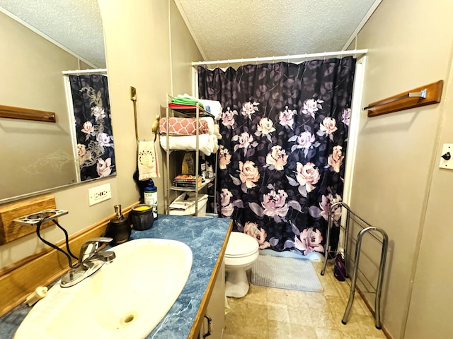 1950 S 13th St Lot 229, Niles, MI 49120 - bathroom featuring a textured ceiling, vanity, a shower with curtain, toilet, and ornamental molding