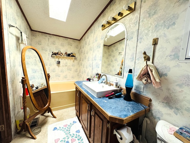 1950 S 13th St Lot 229, Niles, MI 49120 - full bathroom featuring wallpapered walls, crown molding, a textured ceiling, a bath, and vanity
