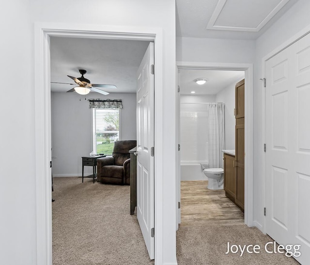 4755 Boulder Dr, Holland, MI 49423 - hallway with light carpet, baseboards, and attic access
