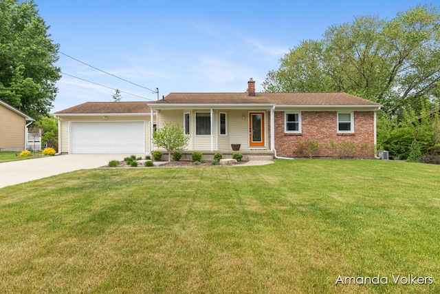 ranch-style home with a chimney, concrete driveway, a front yard, a garage, and brick siding