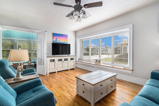 705.5 E Ludington Ave, Ludington, MI 49431 - living area featuring baseboards, ceiling fan, light wood finished floors, and a textured ceiling