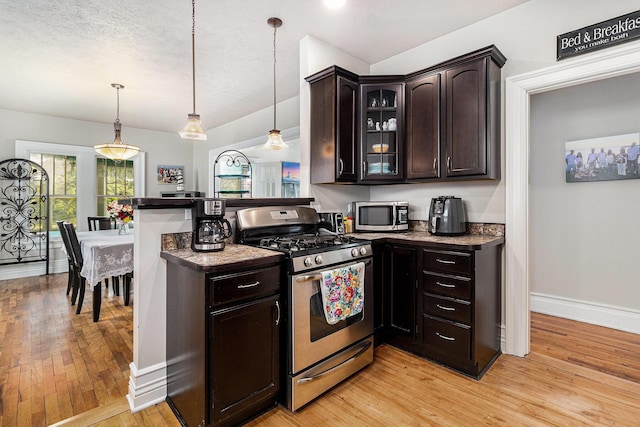 705.5 E Ludington Ave, Ludington, MI 49431 - kitchen featuring stainless steel appliances, glass insert cabinets, light wood-style floors, dark brown cabinets, and decorative light fixtures