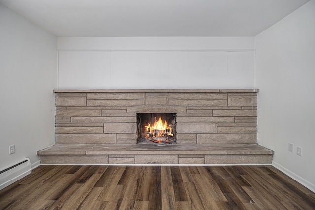 detailed view of a baseboard radiator, a stone fireplace, wood finished floors, and baseboards
