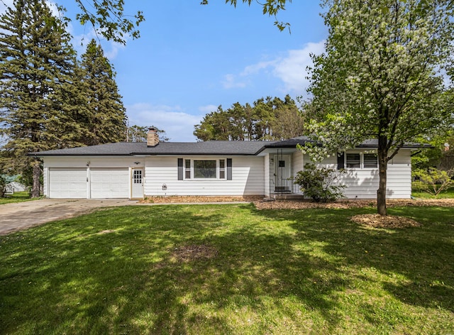 ranch-style house with a front lawn, an attached garage, concrete driveway, and a chimney