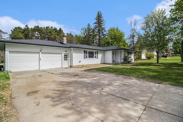 single story home featuring an attached garage, driveway, a front lawn, and a chimney