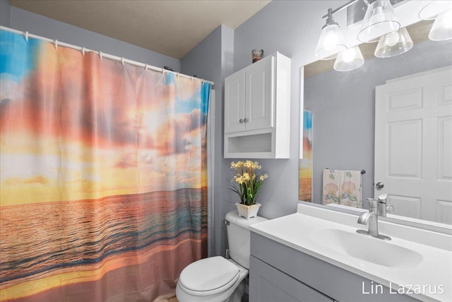 bathroom featuring vanity, toilet, and a shower with shower curtain